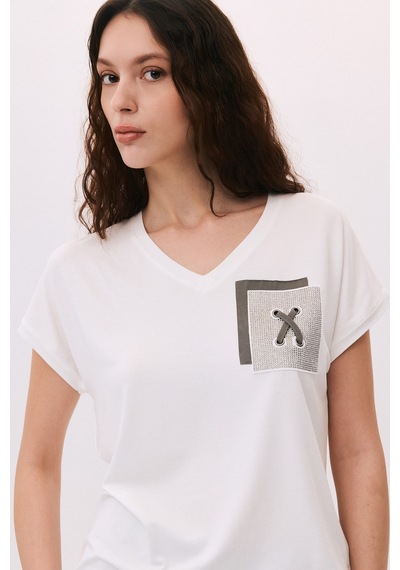 Daido Kadın V Yaka Düşük Kollu Penye T-shirt 6226 Ekru