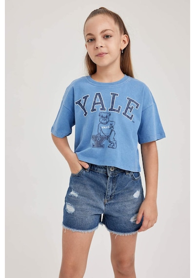 Defacto Kız Çocuk Yale University Relax Fit Bisiklet Yaka Kısa Kollu Tişört A5236A823HSBE105 Mavi