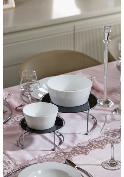Edora Home Gümüş Ikili Büyük Boy Metal Sunumluk/ Siyah Pleksi Pasta Servis Seti - Paslanmaz
