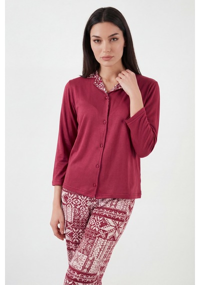 Lela Desenli Regular Fit Apaş Yaka Beli Lastikli Bol Paça Bayan Pijama Takımı 65714300 Bordo