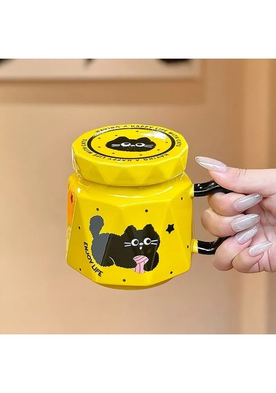 3d Kedi Figürlü Kapaklı Kupa Bardak Sarı