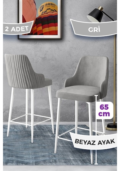 Canisa Tera Serisi 2 Gri Sandalye 65 Cm Ada Mutfak Bar Sandalyesi Babyface Kumaş Beyaz Metal Ayaklı Sandalyeler Gri Ayaklar Beyaz