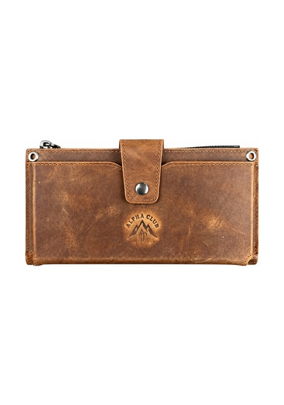 Alphaclub Bag Crazy Horse Hakiki Deri Fermuarlı Çok Bölmeli El Cüzdanı Taba