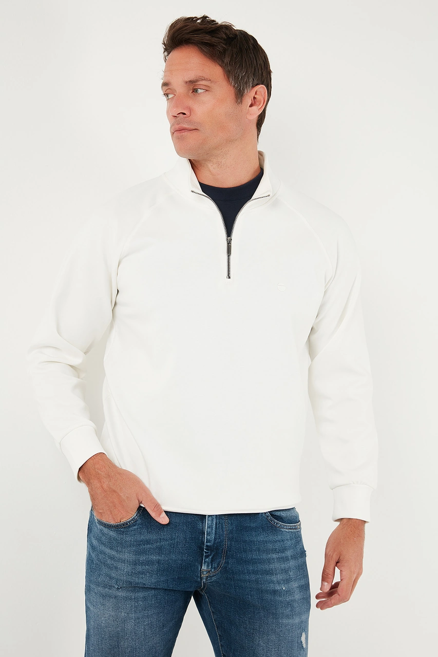 Buratti Pamuklu Relaxed Fit Yarım Fermuarlı Dik Yaka Erkek Sweat 5901232 Ekru