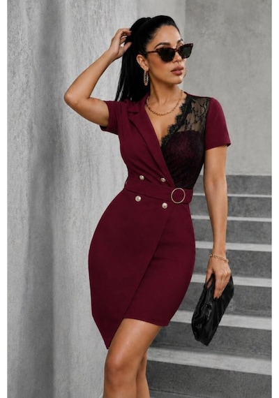 Butik İstanbul Kadın Kısa Kollu Kruvaze Yakalı Onu Düğmeli Belinde Toka Detaylı Kısa Ithal Krep Elbise Bordo