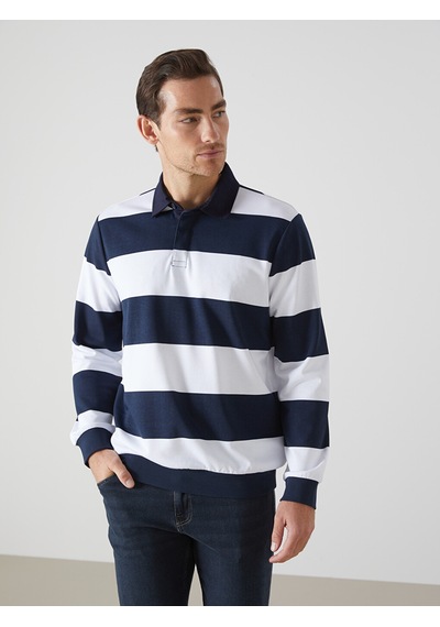 Lcwaıkıkı Basic Lacivert Polo Yaka Uzun Kollu Çizgili Erkek Sweatshirt
