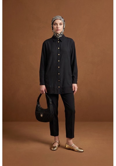Armine Trend Gold Düğme Detaylı Klasik Yaka Uzun Tunik Rahat Kesim Şık Tesettür Tunik Modeli 89 Cm Boy Siyah 26yt471