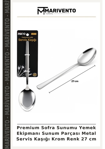 Premium Sofra Sunumu Yemek Ekipmanı Sunum Parçası Metal Servis Kaşığı Krom Renk 27 Cm