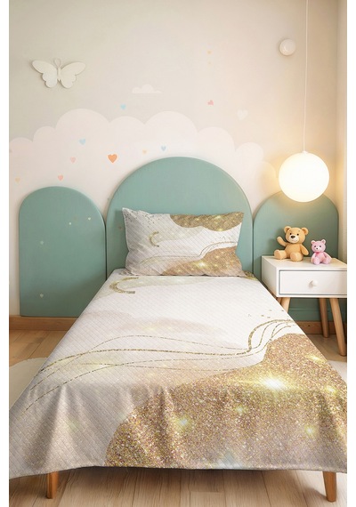Modern Gold Genç Odası Tek Kişilik Pike Takımı - Soyut Simli Krem 160x220 Cm Kapitone Yatak Örtüsü Narin Kahve Kıyımı