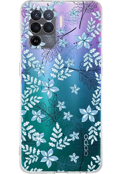 Oppo A94 Uyumlu Kamera Korumalı Floral Mavi Tasarımlı Şeffaf Silikon Kılıf