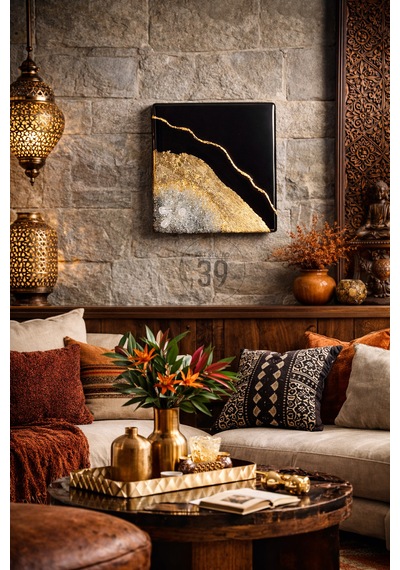 Geode Nero Kuvars Taşlı Modern Epoksi Duvar Tablosu Enerjisel & Dekoratif Sanat 20x20 Cm