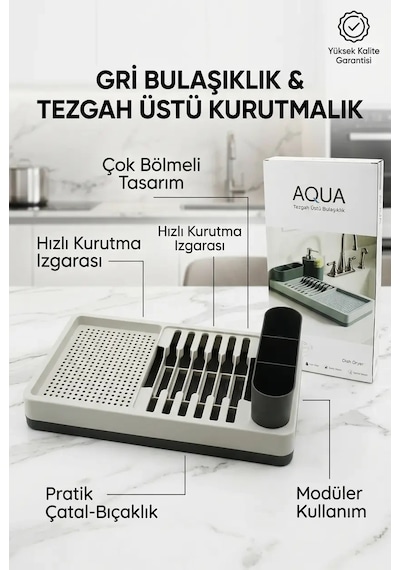 Drenajlı Gri Bulaşıklık Tezgah Üstü Tabak Bardak Kurutma Mutfak Düzenleyici