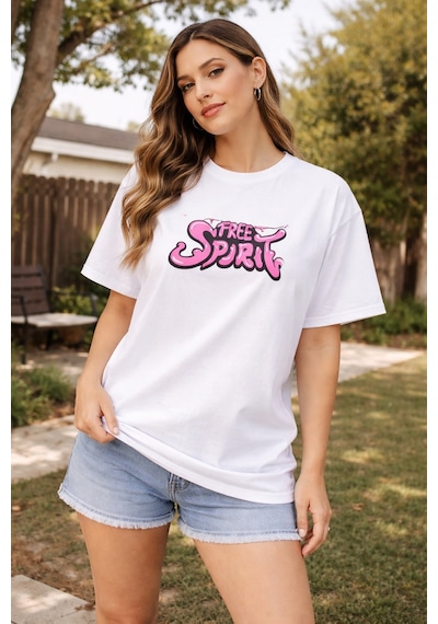 Herkesemoda Free Spirit Yazı Detaylı Basic T-shirt Beyaz