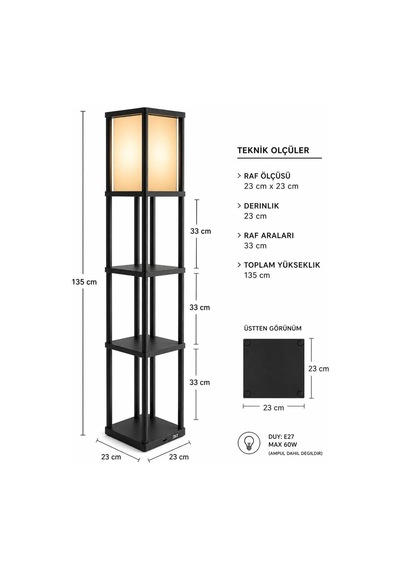 Lambaderyn Siyah Raflı Lambader 135 Cm, Kitaplıklı Ve Sehpalı Ayaklı Lamba, 23x23 Cm 3 Raflı Dekoratif Köşe Aydınlatması, E27 Duy Uyumlu Salon, Genç Odası Ve Çalışma Odası İçin Diğer