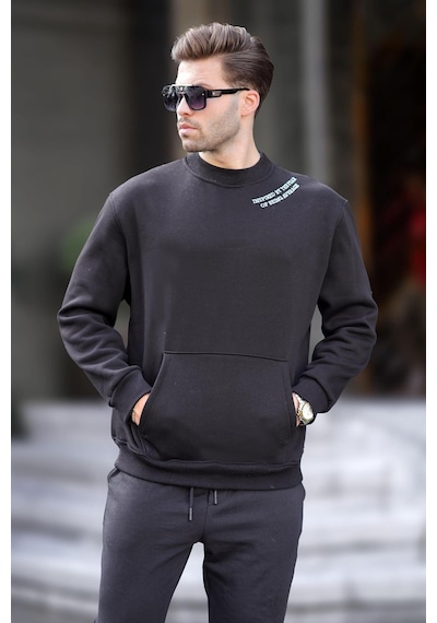 Madmext Siyah Bisiklet Yaka Nakış Detaylı Cepli Erkek Sweatshirt 7049-siyah Siyah