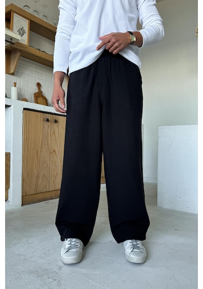 Flaw Bel Lastikli Keten Baggy Pantolon Siyah Siyah
