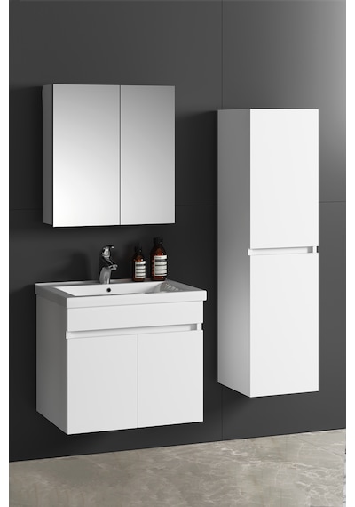 Çiğdem 55+35 Cm Beyaz Mdf Sepetli Asma Banyo Dolabı Takımı Beyaz