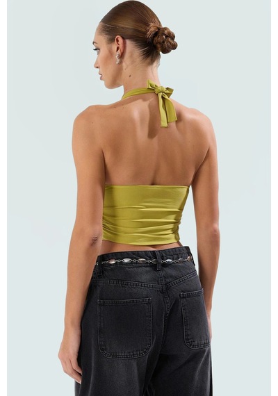 Ersefa Vücuda Oturan Boyundan Bağlamalı Crop Bluz Polyester Elastan Sand Yağ Yeşil