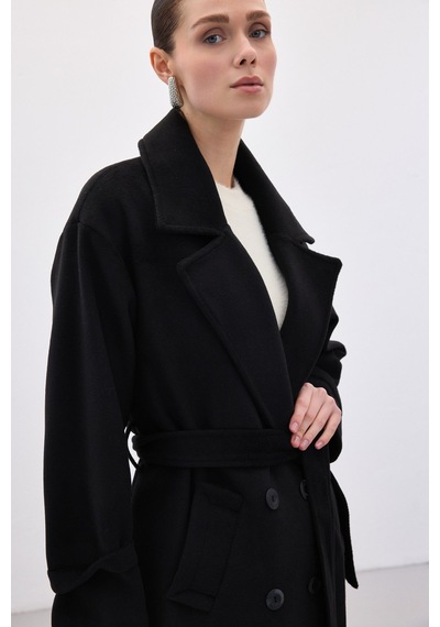 Sateen Beli Bağlamalı Uzun Kaban - Siyah-136629 Siyah