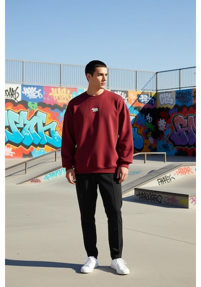 Benerly Erkek Bisiklet Yaka Standart Kol Oversize Fit Sweatshirt Fonksiyo Bordo