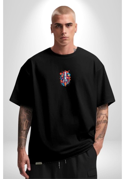 Uzay Aracı Roket Siyah Oversize Unisex Ön Orta Minimal Baskılı Tişört Siyah