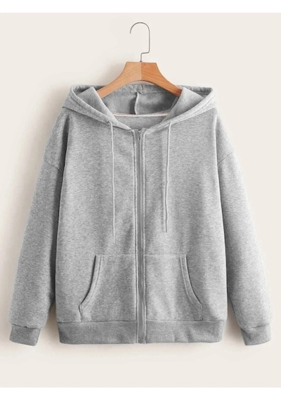 Kadın Oversize Gri Fermuarlı Hırka Sweatshirt Gri