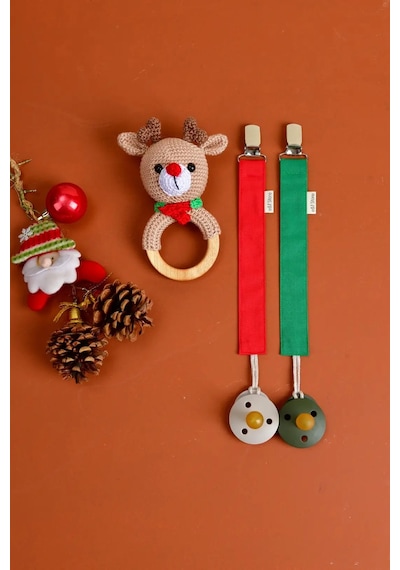 E&f Store Amigurumi Geyik Çıngırak Ve Emzik Askısı Yılbaşı Seti Çok Renkli