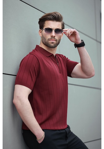 Madmext Madmext Bordo Polo Yaka Fermuarlı Erkek T-shirt E7298 Bordo
