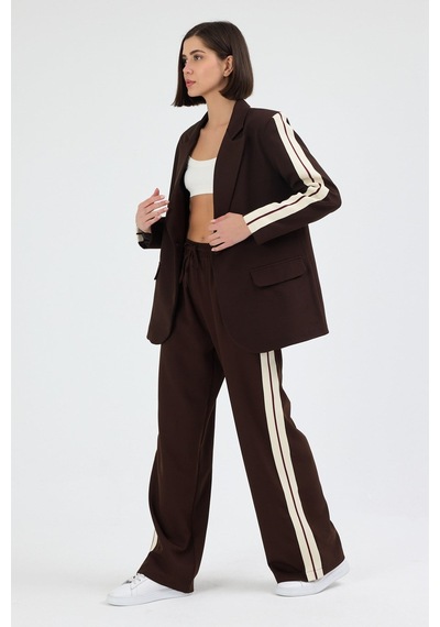 Diemmood Kadın Yan Şerit Detaylı Oversize Blazer Ceket & Palazzo Kahverengi Takım
