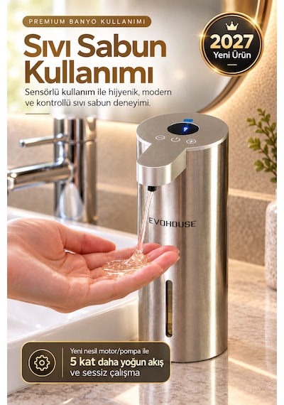 Otomatik Sensörlü Sıvı Sabun Dispenseri Paslanmaz Çelik Inox - P25 Model Gümüş