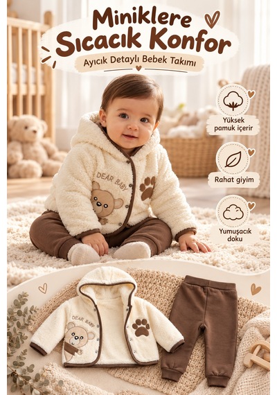 Ahengim Ayıcık Detaylı Kapüşonlu Peluş Hırkalı Bebek Alt Üst Takım 2 Parça Ak324905 Kahverengi