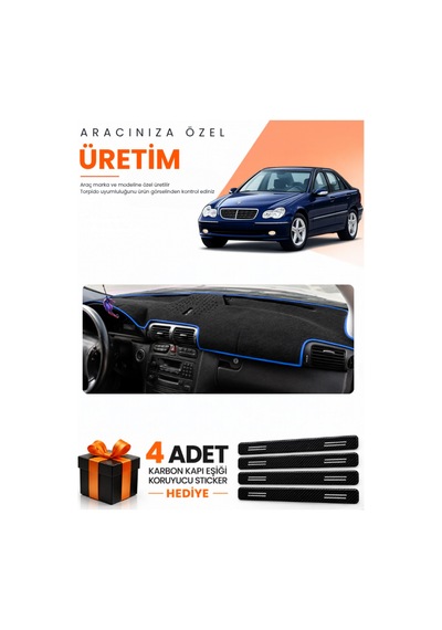 Mercedes W203 C-class 2000-2007 Uyumlu Torpido Koruma Örtüsü Oto Kılıfı - Siyah Mavi