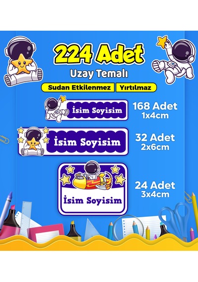 Uzay Temalı Okul Kreş Kişiye Özel İsim Etiket Seti - Model 520 Çok Renkli