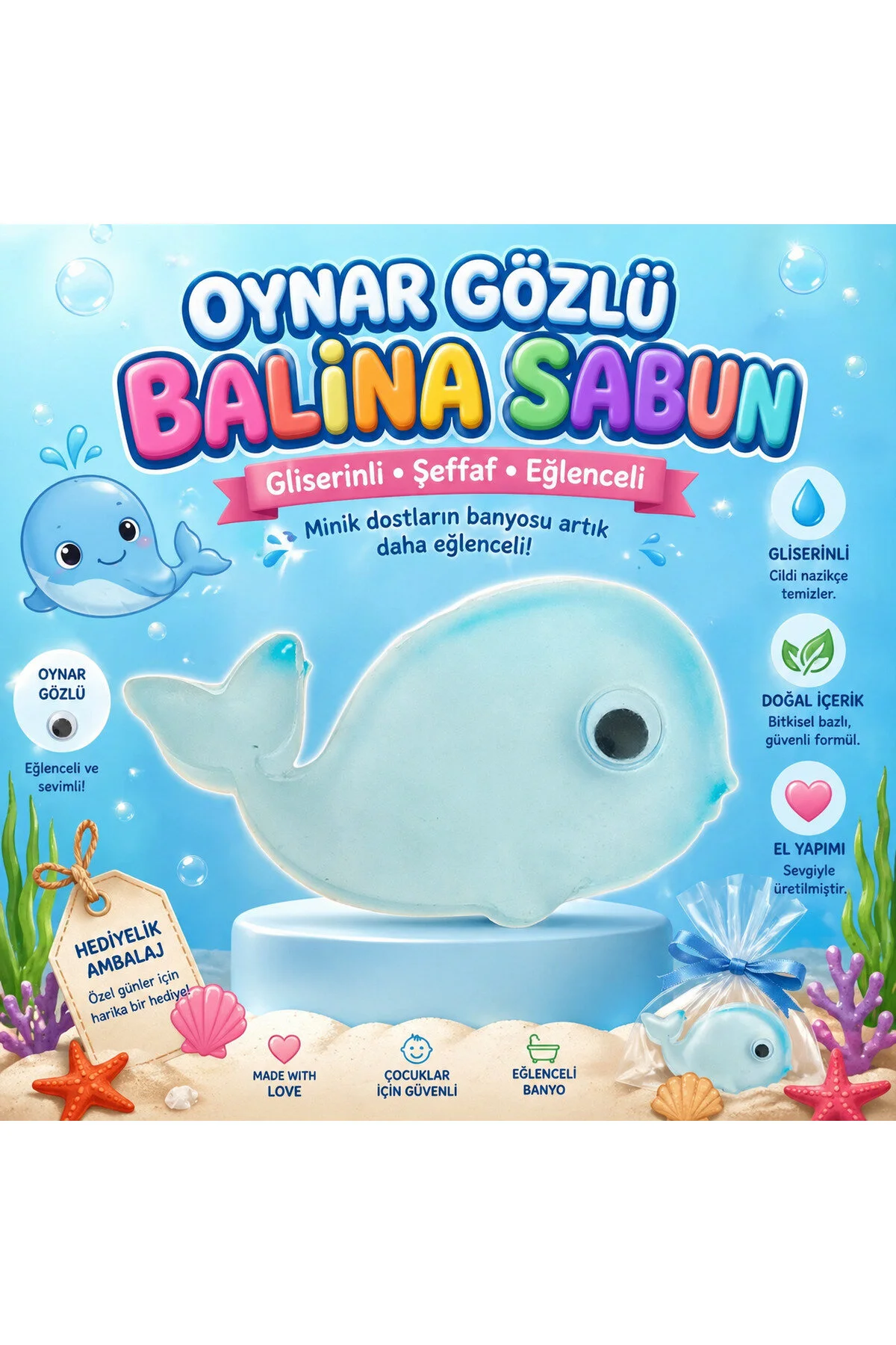 5 Adet Oynar Gözlü Balina Sabun Gliserinli Şeffaf El Yapımı Çocuk Sabunu
