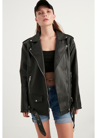 Meecy Kadın Oversize Biker Deri Ceket Siyah Siyah