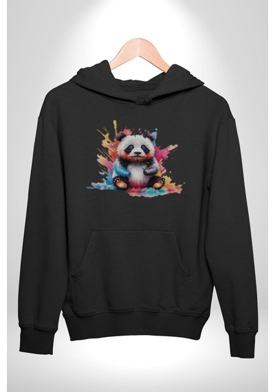 Renkli Yavru Panda Kadın Erkek Siyah Kapüşonlu Sweatshirt Hoodie Siyah