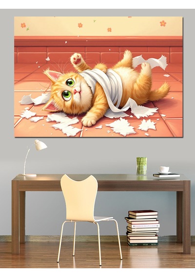 Tuvalet Kağıdı Ve Şaşkın Kedi Dekoratif Kanvas - Mdf Ahşap Tablo