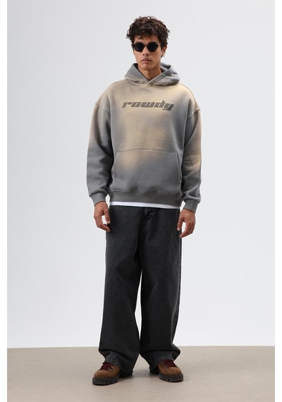 Vamos Oversize Baskılı Yıkamalı Hoodie Füme