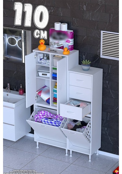 Hayal 110 Cm Kirli Çamaşır Dolabı Çok Amaçlı Modüler Banyo Dolabı - Beyaz 65+45 X160x32 Cm