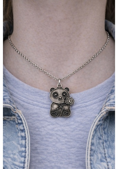 Lucky Panda Charm Çiçek Detaylı Panda Figürlü Gümüş Renk Unisex Kolye 60 Cm Çok renkli
