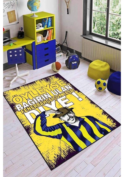 Sarı Ve Lacivert Kaymaz Taban Makinede Yıkanır Taraftar Halısı Ar188n11 Sarı - Lacivert