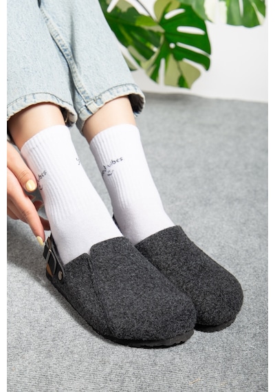 Polomia Comfort Kadın Mantar Taban Eva Kışlık Önü Kapalı Keçe Sabo Outdoor Günlük Rahat Ev Sandalet Flat Terlik Siyah