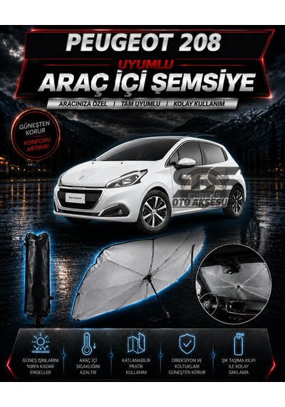 Peugeot 208 Araç Ön Cam Güneşliği Katlanabilir Şemsiye Oto Güneşlik Uv Korumalı Gölgelik Araba Oto Şemsiyesi