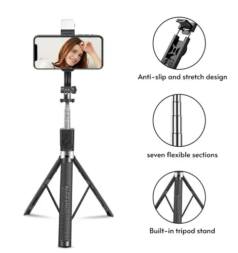 Neepho P170s Tripod Led Işıklı Selfie Çubuğu, Uzatılabilir, Bluetooth Çok Fonksiyonlu Uzaktan Kumandalı Deklanşör