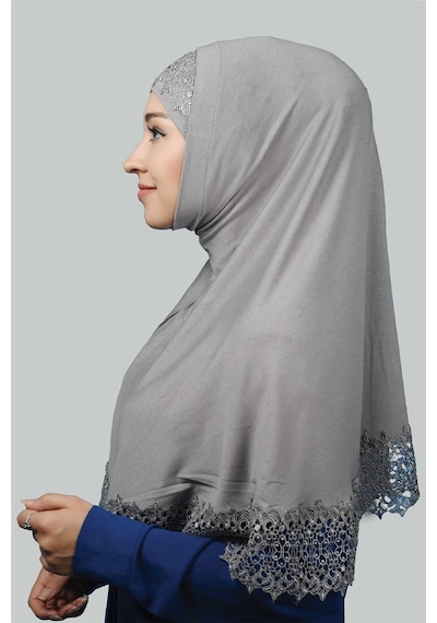 Altobeh İkili Set Dantelli Pratik Eşarp Hazır Hijab Ve Tesettür Bonesi Xl Gri