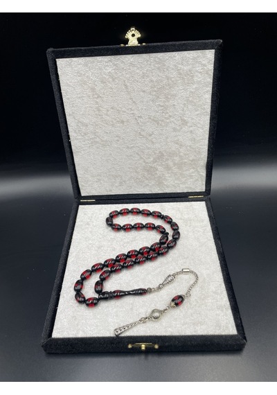 Onurlu Tesbihane Çift Renk Beyrut Tesbih Kırmızı 8x12 Mm Kapsül Kesim Erkek Tesbihi Gümüş