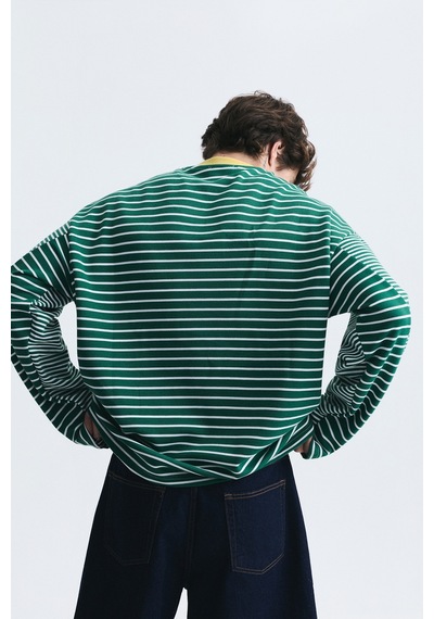 Vamos Kontrast Yaka Çizgili Sweatshirt Ekru-yeşil
