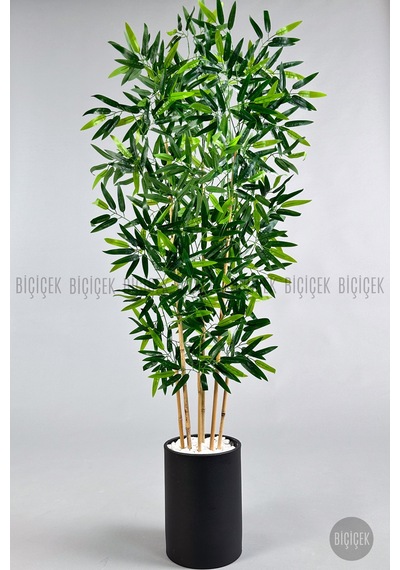 Yapay Bambu Ağacı 6 Dallı 150 Cm Yoğun Yapraklı Metal Krem Saksı Siyah