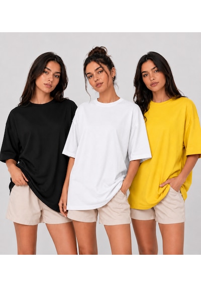 Polymood 3'lü Set Oversize %100 Organik Pamuk Yuvarlak Yakalı Bol Kesim T-shirt Siyah-beyaz-sarı Polymood 3'lü Set Oversize %100 Organik Pamuk Yuvarlak Yakalı Bol Kesim T-shirt Siyah-beyaz-sarı