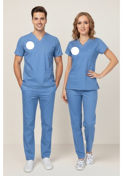 Unisex Alaska Mavisi Yeni Yönetmeliğe Uygun Armalı Doktor Hekim Likralı Scrubs Üniforma Takımı Mavi Mavi